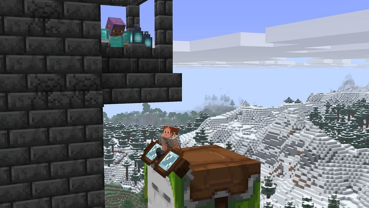 Ari and Efe are building a castle. Ari is standing on a Happy Ghast, using it to place blocks under the balcony. (Image via Mojang)
